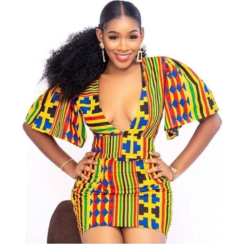 2021 Summer Ladies Elegant Temperament Fashion All Match Personality Sexy Deep V Neck Flared Sleeve Hip Hip Slim Street Dress