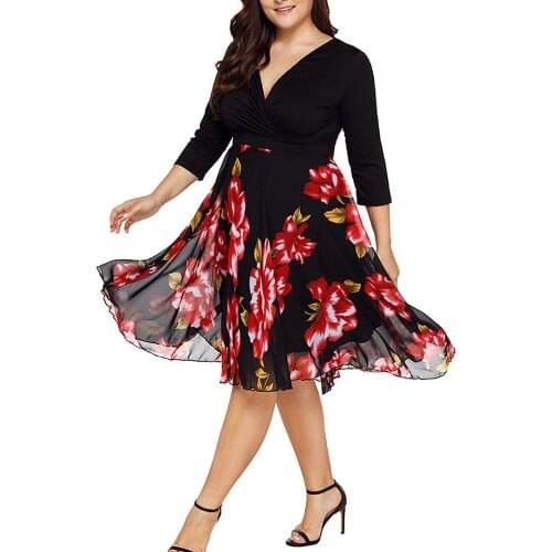 Women Sexy Floral Printed Midi Dresses V Neck Wrap Chiffon Elegant Mini Dress Long Sleeve Plus Size Party Dress vestido de mujer