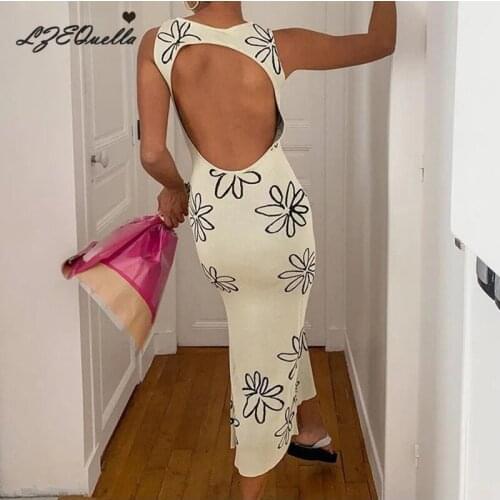 LZEQuella Women Floral Print Sleeveless Backless Slim Knitted Midi Dress Sexy O Neck Hollow Out Split Dresses Vestidos NZ3592