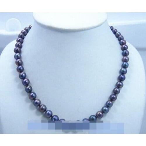 18" AAA 8-9MM NATURAL Peacock blue PEARL NECKLACE 14K GOLD CLASP