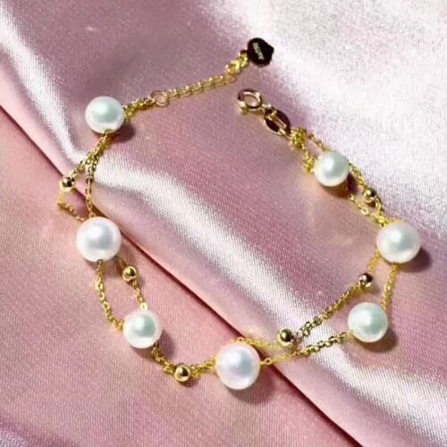 Real 18K Yellow Gold Bracelet 1mm Thin Rolo Link Chain And 6mm Pearl Bead Bracelet For Woman Adjustable
