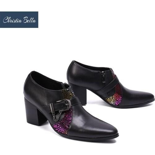 Christia Bella Fashion Buckle Real Leather Men Dress Shoes Increase Height Party Man Shoes High Heel Jazz Club Male Leather Shoe