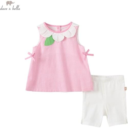 DB17288 dave bella summer baby girls cute bow plaid print clothing sets kids girl fashion sleeveless sets children 2 pcs suit