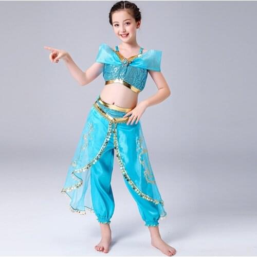 Kids Princess Jasmine Costume Girls Sequin Party Fancy Dress Christmas Halloween Cosplay Jasmine Outfit For Children 3-12 Years