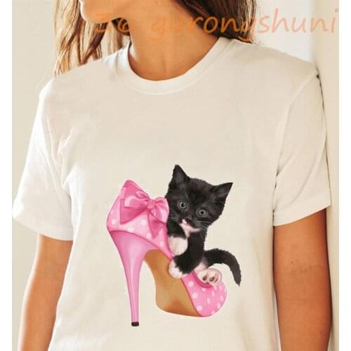High heels shoes animal print funny t shirt women cat lover short sleeve femme tops tees tumblr basic Cartoon tshirt harajuku