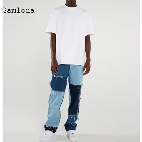 Samlona 2021 New Patchwork Mens Multi-pocket Jeans Casual Classic Fashion Hip Hop Denim Trousers Loose Tassel Ripped Pants Men