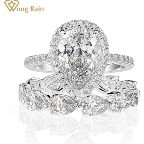 Wong Rain Luxury 100% 925 Sterling Silver Created Moissanite Gemstone Engagement Ring Sets Wedding Band Fine Jewelry Wholesale