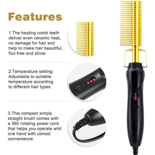 Heating 410 F Hot Press Comb Copper Brush for Afro Hair UK Plug Golden