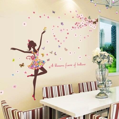 A Girl Dancing With Pink Flowers Butterfly Wall Sticker For Girls Room Bedroom Home Decoration Cartoon Mural Art Diy Kids Decals