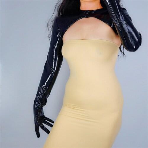 Patent Leather BOLERO GLOVES Female Short Top Clothes Anti-Sun Faux Leather PU Bright Leather Black Women Gloves WPU285