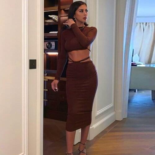 Autumn 2 Piece Set Women Sexy Backless Long Sleeve Tie up Crop Tops Slim Fit Midi Skirt Party Solid Color Suit 2020 New