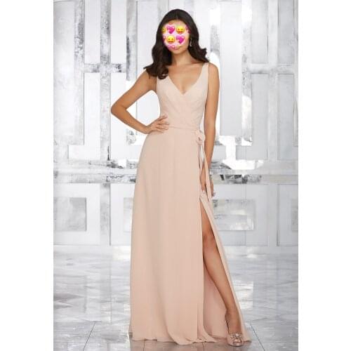 Sexy Side Split Bridesmaid Dresses 2020 V Neck Chiffon Prom Party Gowns Wedding Guest Maid Of Honor Dress Champagne Beach Style