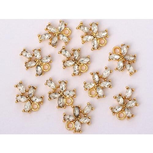 10Pcs Transparent Crystal Five Petals Leaf Flower Charms Golden Alloy Plant Charm For DIY Earrings Jewelry Finding Accessories