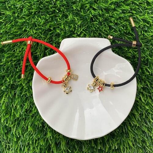 Adjustable String Bracelet Gold-plated CZ Micro Pave Little Bear Enamel Star/Lock Pendant Handmade Jewelry Bulk Wholesale