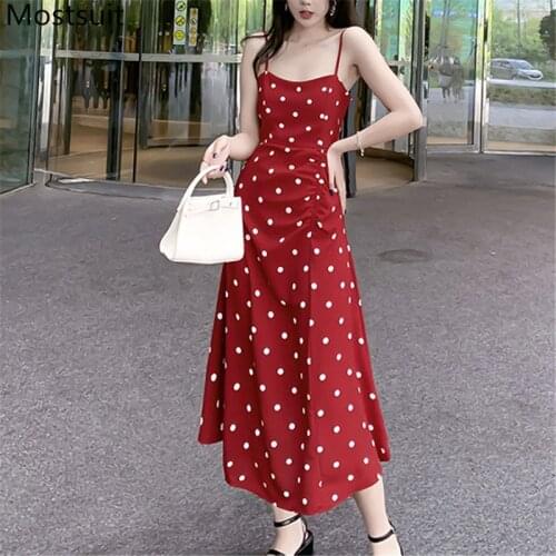 Dot Printed Women Long Dress Sleeveless Spaghetti Strap A-line Dresses Vintage Elegant Sexy Party Ladies Vestidos 2021