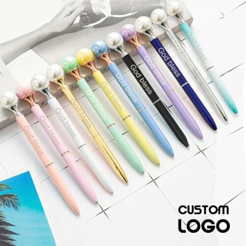 Customized Logo Cute Pearl Gem Ballpoint Pen Metal Multicolor Gifts Gel Pens Printed Your Name Wedding Birthday Present Supplies