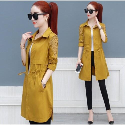 Spring AutumnTrench Coat Women New Loose Thin Coat Female Medium-Long Windbreaker Slim openwork Trench Outerwear Plus Size R427