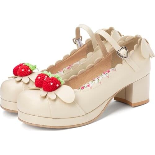 Princess Lolita Girls Mary Janes Shoes Women Sweet Party Dress Cosplay Wedding Pumps Chunky Med Heels Strawberry Plus Size 34-48