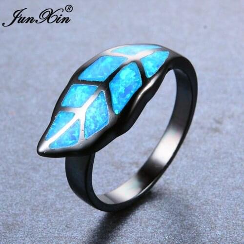 JUNXIN Top Quality Leaf Style Blue Fire Opal Rings For Women Men Black Gold Filled Unique Ring Wedding Party Engagement Jewelry
