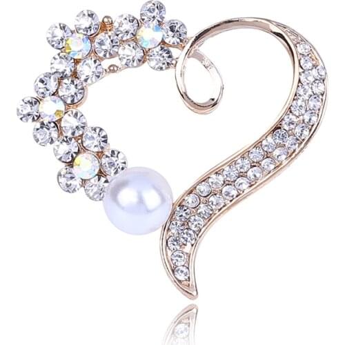 Elegant Pearl Brooch Gold Heart Pins Shiny Rhinestone Gift for Women Wedding Bridal Party Jewelry Gorgeous Dress Accessories