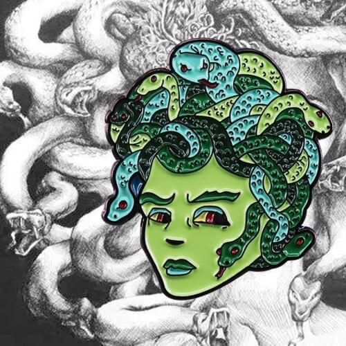 Creepy Goth Medusa Enamel Pin Green Gorgon Snake Lady Brooch Greek Mythology Art Collection