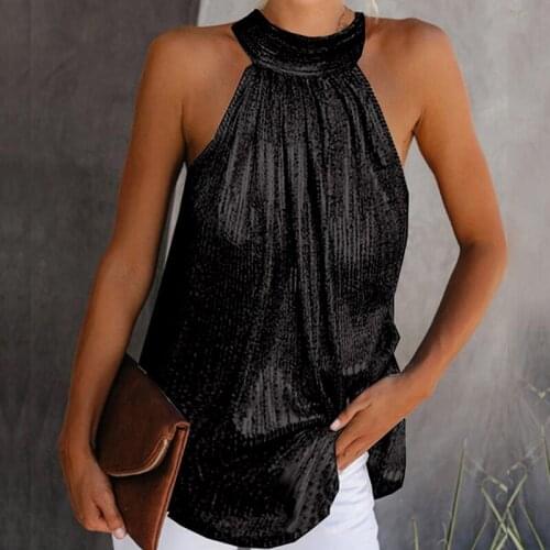 Womens Fashion Shiny Halter Neck Tank Tops Vest Ladies Summer Casual Solid Color Sleeveless T Shirt Blouse Black Gold Silver