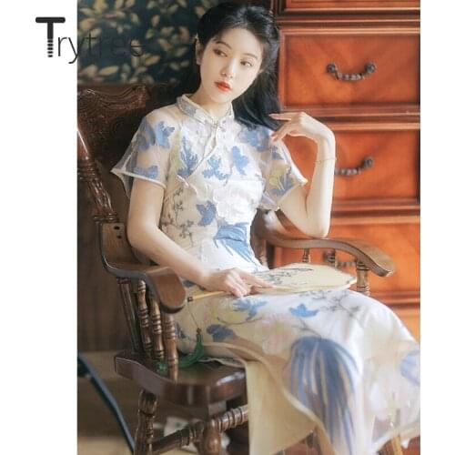 Trytree 2021 Summer Women Casual Dress Floral Embroidery Chinese Style Stand Collar Split Hem Elegant Cheongsam Mid-Calf Dress