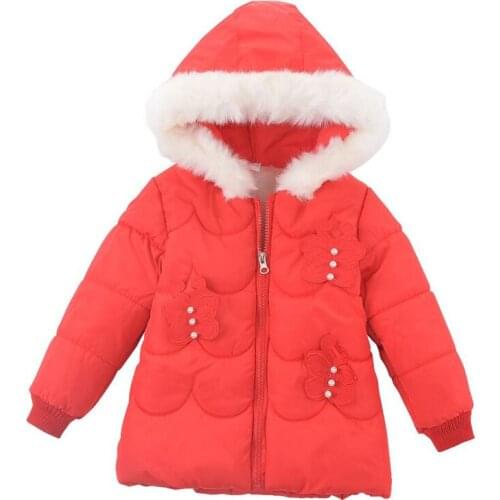 Winter Girls' New Warm Jacket Pure Color Hooded Butterfly Decoration Childrens Cotton Jacket 1-3 Years Old