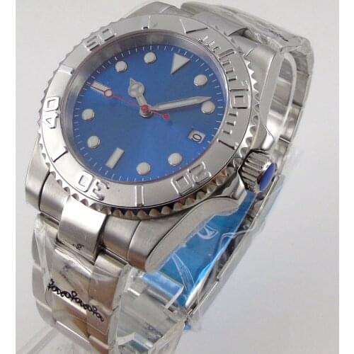 40MM Sapphire Crystal Middle Polished Strap Silver Color Bezel NH35 MIYOTA Automatic Mens Watch Red Second Hand Blue Dial