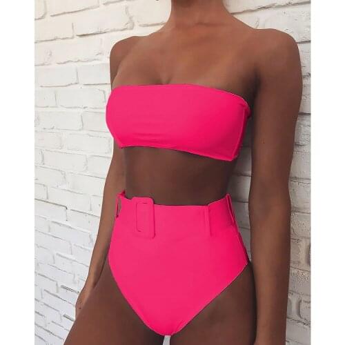 Female pink two-piece high waist bikini 2021 tube top swimsuit ladies sexy swimwear push-up bikini swimsuit solid color beachwea
