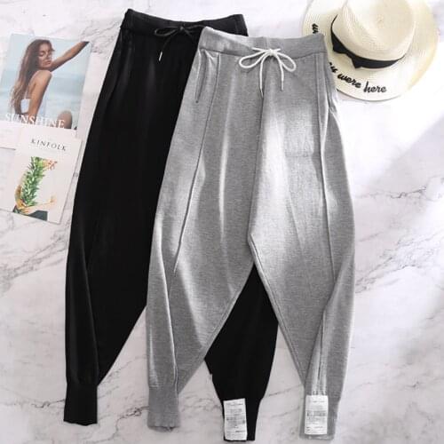 Spring summer Knitted Harem Pants Women Womens Drawstring Wide Leg Pants Outdoor Comfy Casual Elastic Waist Pants
