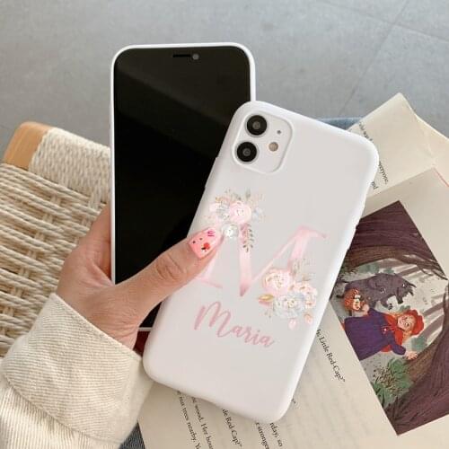 Custom Letter Name Phone Case For iPhone 12 11 Pro Max X XR XS 7 8 Plus SE 2020 Mini Customize Gold Flowers White Soft DIY Cover