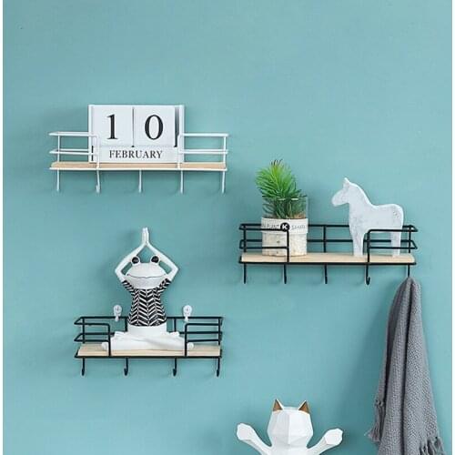 Wood Metal Iron Art Home Decorative Shelf Holder Nordic Modern Storage Rack Wall Hanging Ins Craft Organizer Alsle Key Hook