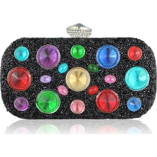 DG Multi Color Crystal Women Pearl Beaded Black Evening Metal Clutches Bag Wedding Party Prom Bridal Handbag Purse