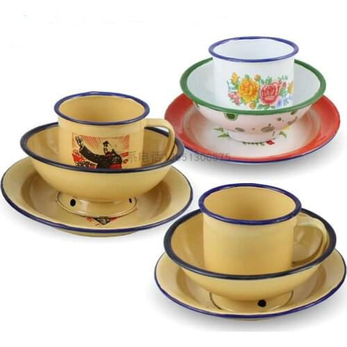 Enamel tableware, nostalgic tableware, retro bowls, plates and cups, one set of three pieces