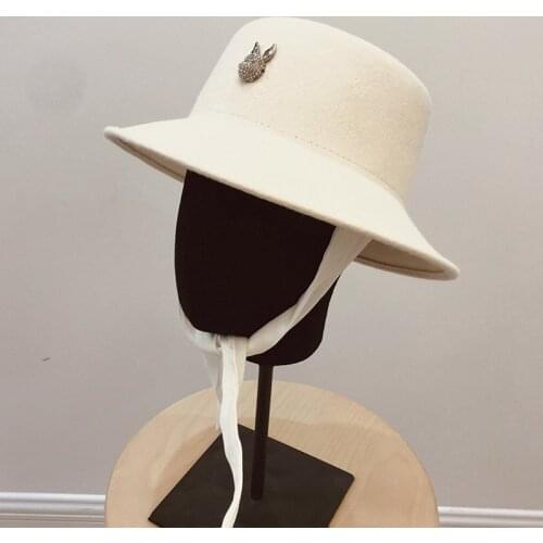 Classical Warm Wool Black White Women Hat Elegant Flat Solid Color Ribbon Tie Wide Brim Winter Hat Cloche Church Fedoras