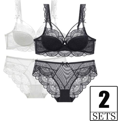 2 Piece Set Floral Embroidery Sexy Lingerie Thin Cotton Brassiere Women Underwear Set Lace Push Up Bra And Panties Big Cup C D E