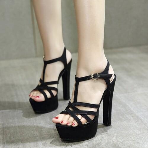 Summer new waterproof platform sexy 15CM buckle sandals nightclub catwalk black comfortable high heels