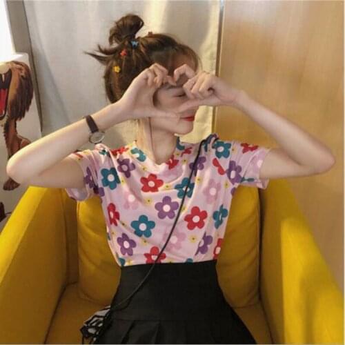 Sweet Style Women T-shirt Flower Print Short Sleeve Round Neck Women Tops Tees Slim Fit T shirt Femme