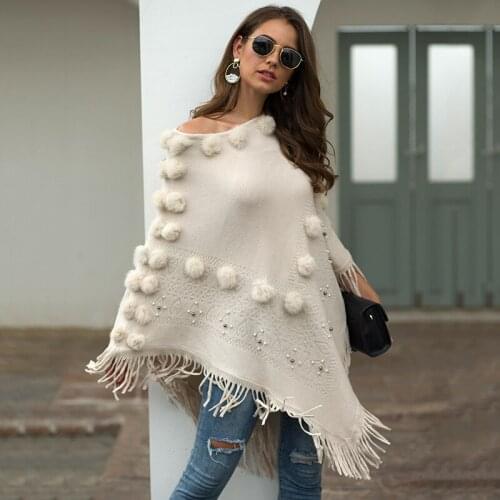 Fashion Hairball Tassel Cloak Sweaters Women Oversize Loose Slash Neck Off Shoulder Knitwear Autumn Winter Shawl Pullover Korean