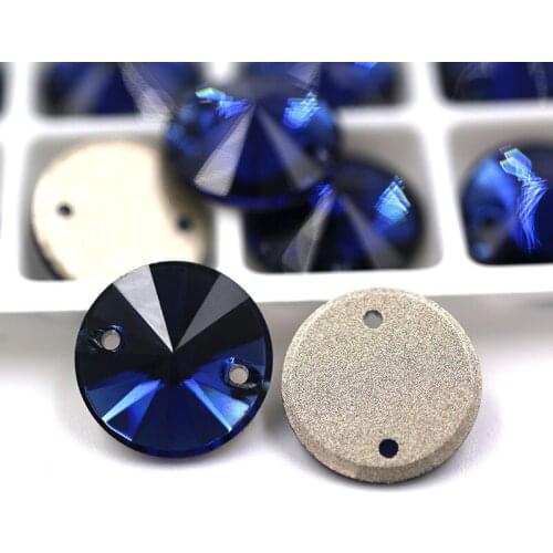 New High quality flatback glass sew on rhinestones double hole Round shape Ink blue crystal rhinestone diy clothing accessories