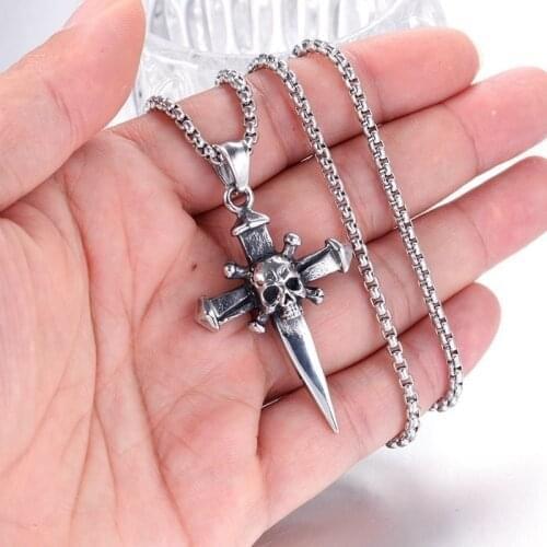 New Trendy Skull Dagger Cross Pendant Necklace Mens Necklace Fashion Sliding Metal Silver-Plated Necklace Pendant Accessories