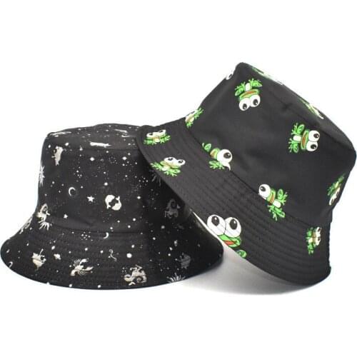 Constellation Galaxy Stars Print Panama Hat Cap Reversible Bucket Hat Summer Sun Hats For Women Men Frog Mushroom Bucket Hat