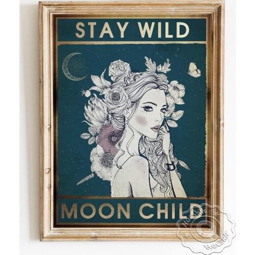 Spiritual Meditation Poster, Flowers Girl Art Prints Wall Picture, Moon Child Wall Art Canvas Painting, Vintage Gift Home Decor