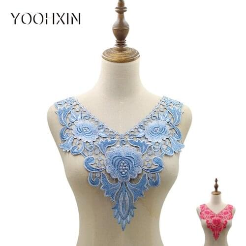 Luxury red blue Embroidered flower lace fabric sewing DIY trim tulle applique Ribbon collar wedding dress guipure cloth decor