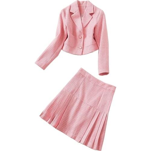 Pink Suit Set Tweed Short Blazer Top + A-Line Pleats Knee Length Dress
