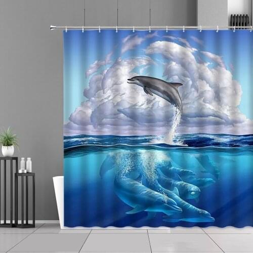 Ocean Animal Dolphin Shower Curtains Cartoon Tropical Fish Sea Turtle Blue Scenery Home Bathroom Curtain Set Children Room Decor