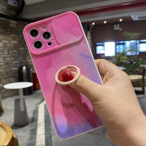 Gradient Watercolor Silicon Phone Case For iphone 12 Mini 11 Pro Max XR 7 8 Plus Ring Stand Camera Lens Protection Phone Cover