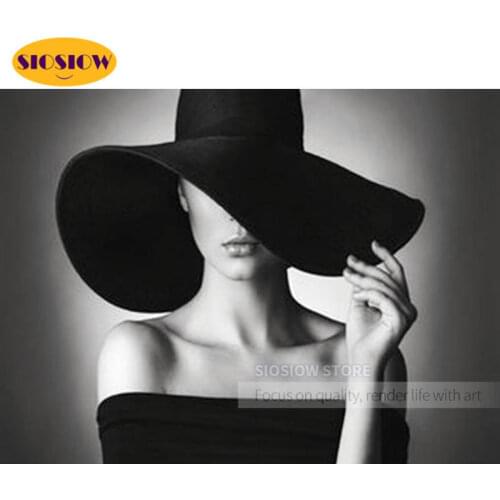 SIOSIOW 5d Diy Diamond Embroidery Woman Portrait Femme Full Round Diamond Painting Women With Hat Cross Stitch Mosaic Home Decor