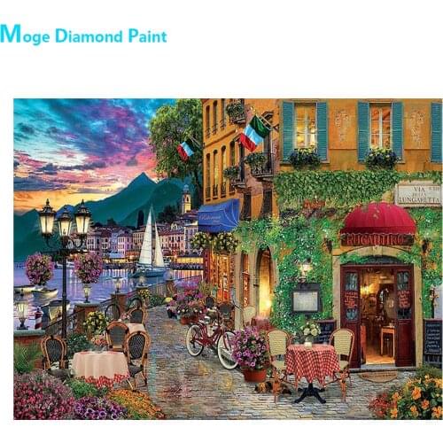 Street View of Port Building in Coastal City Diamond Painting Scenic Round Full Drill Mosaic Embroidery DIY 5D Cross Stitch Gift